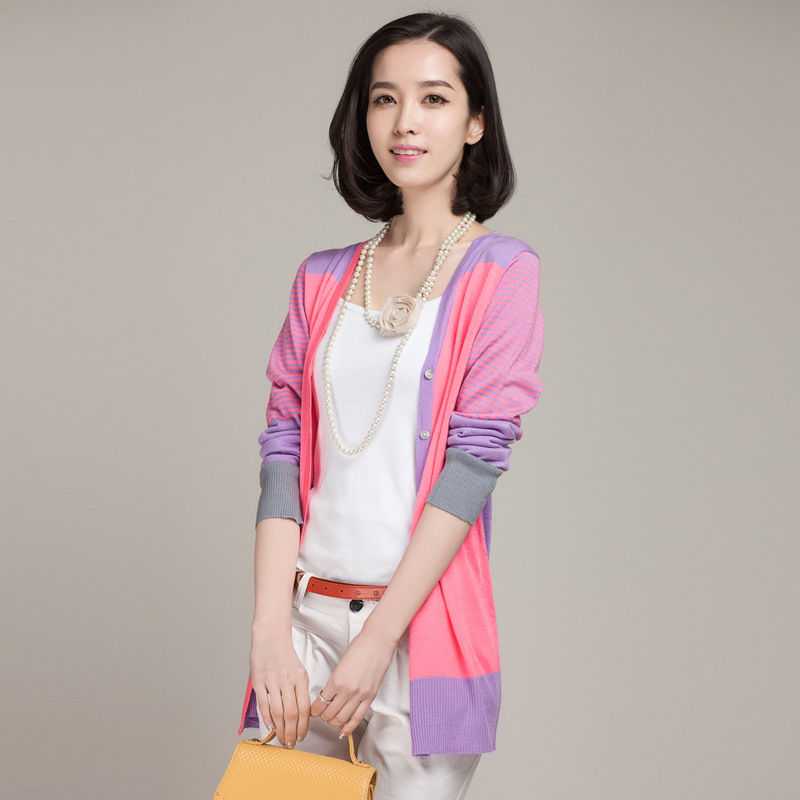 <em>2014女装</em>春款<em>开衫</em>V领百搭撞色宽松大码长袖小