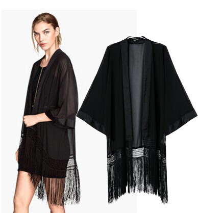 2014欧美风夏季新品<em>HM</em>下摆<em>流苏</em>拼接<em>开衫</em>外套