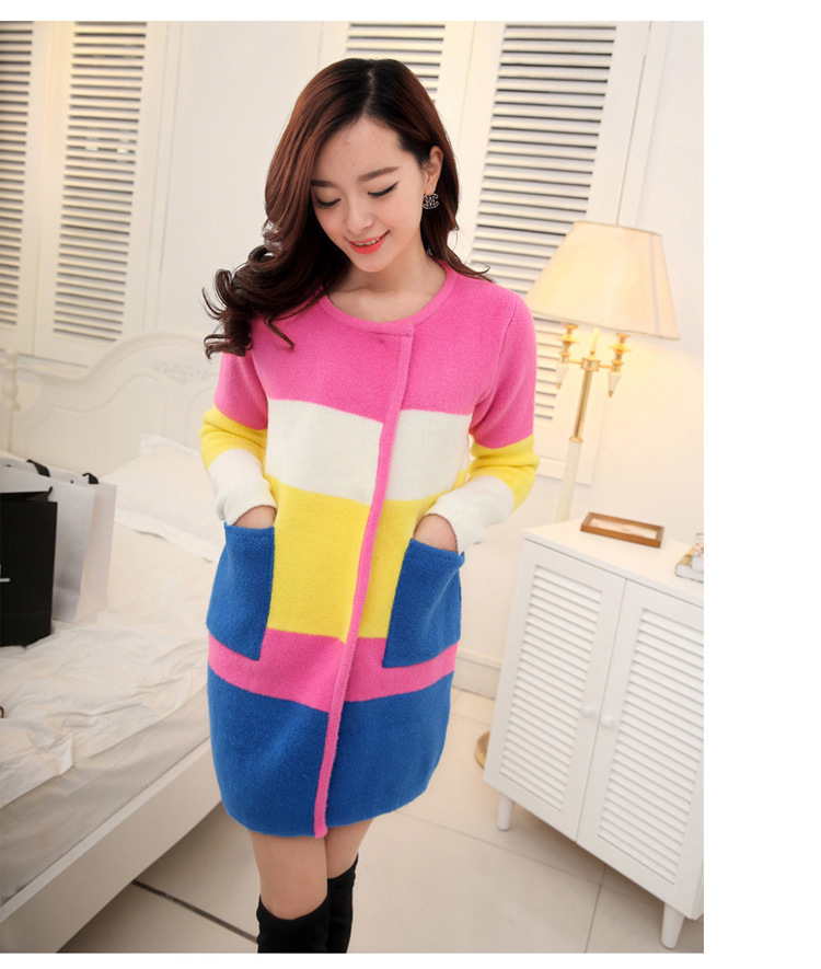 2014春装新款<em>女</em>韩版<em>线衫</em>拼色圆领中<em>长款开衫</em>