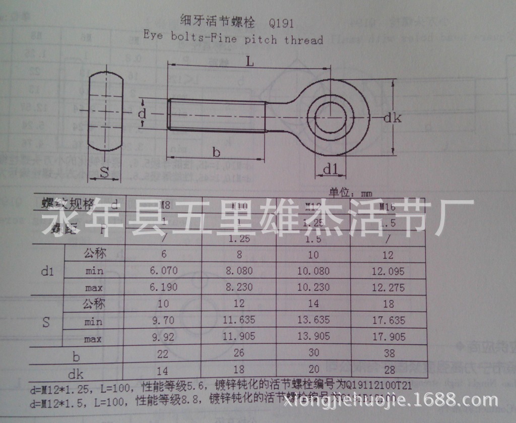 汽标细牙活节螺栓 q 191