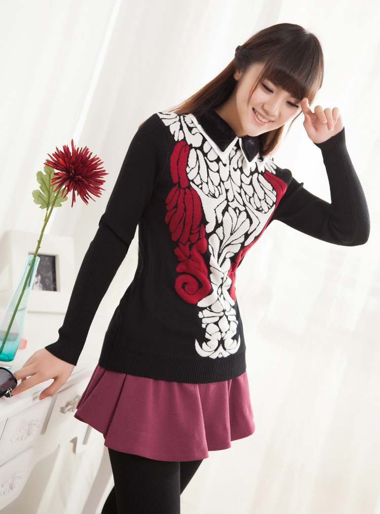 服饰加工-女士针织衫,拼接<em>衬衫领打底毛衣</em>-服饰