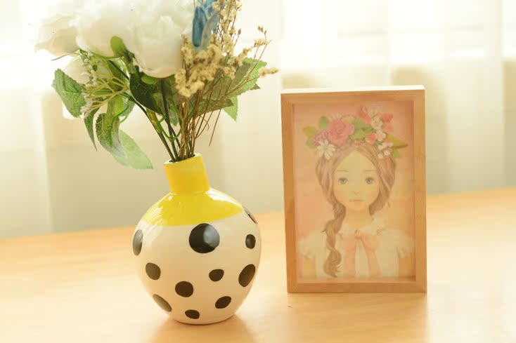 韩国创意文具麦和纹路系列2圆形花瓶可爱造型陶瓷花瓶桌面摆饰 陶瓷工艺品印刷 微商圈