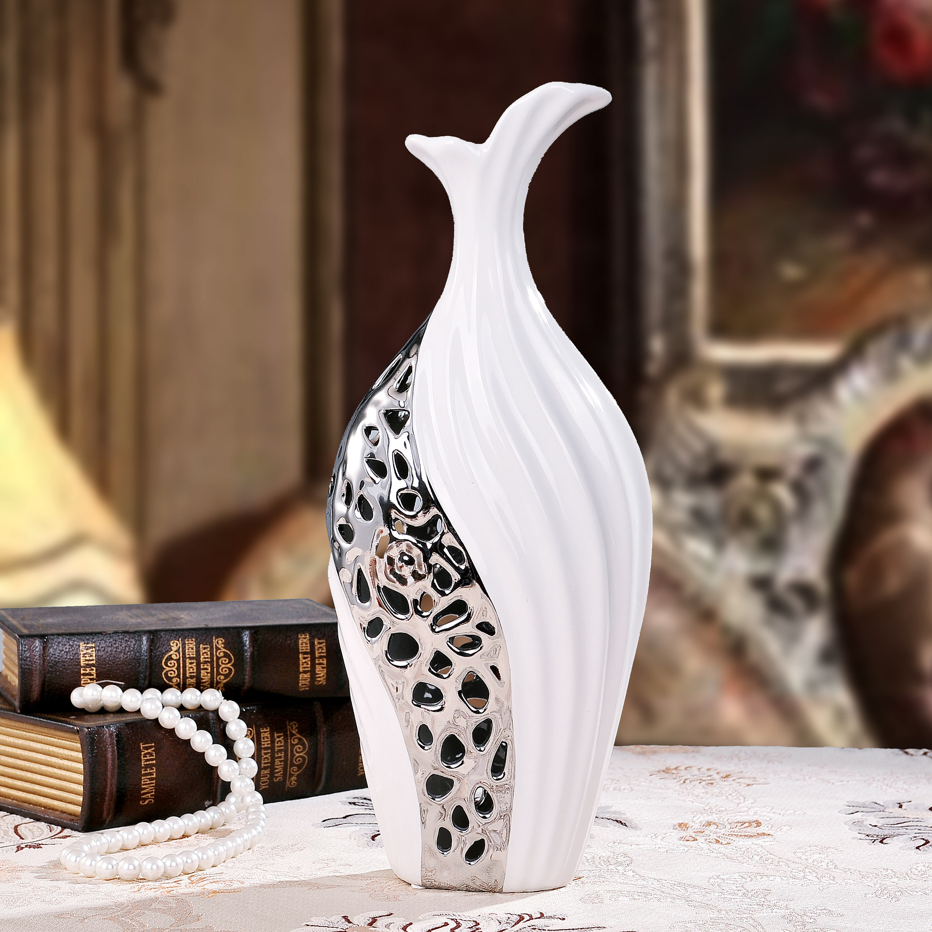 景德厂家批发 家居摆件陶瓷工艺品 创意家具 镀银花瓶