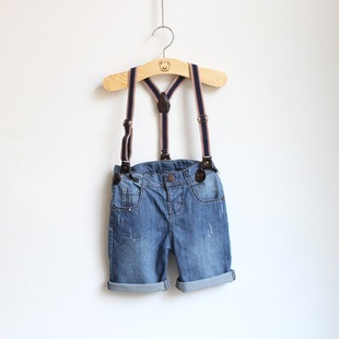 童裤-外贸童装 <em>男童</em> 猫爪<em>牛仔背带短裤</em> 铆钉翻