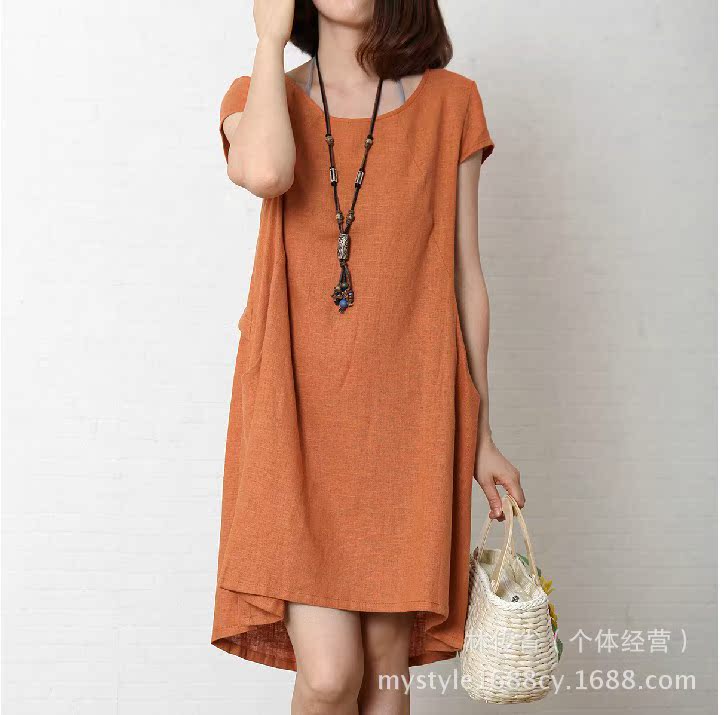 2014新款夏装韩版休闲<em>女装</em>宽松文艺亚麻<em>连衣</em>