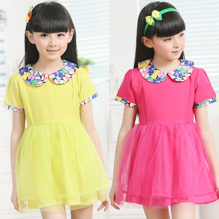 版新品 荧光黄网纱淑女公主裙 碎花圆领<em>女童</em>连