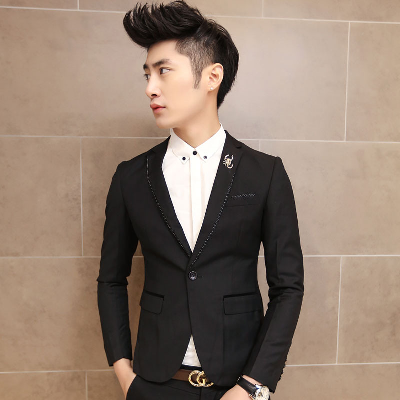 春新款<em>男士</em>小<em>西装</em> 领子配色经典<em>黑色</em>小<em>西装男</em>
