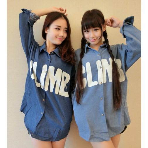 2014秋装新款韩版字母宽松休闲<em>长袖</em>牛仔衬衫