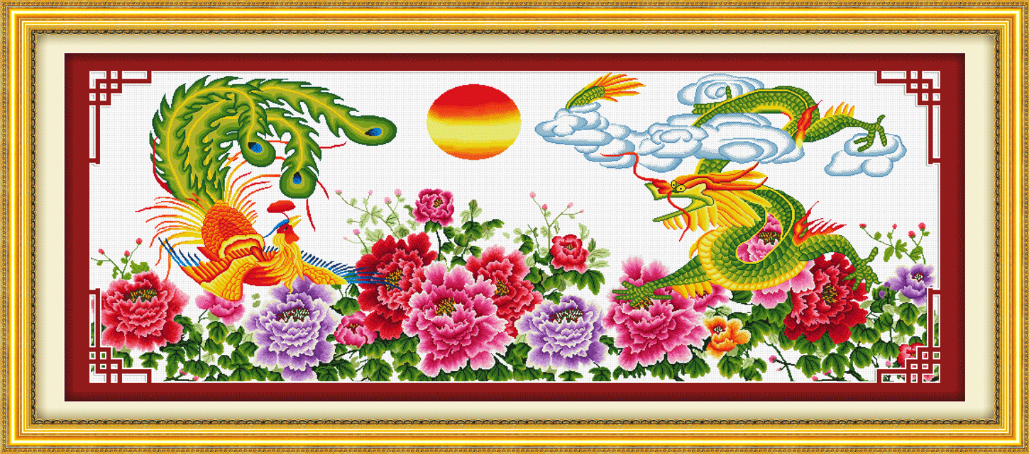义乌厂家批发新款品牌精准100%印花布十字绣 龙凤呈祥 花开富贵