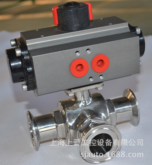 卫生级气动三通球阀,不锈钢材质,卡箍式连接