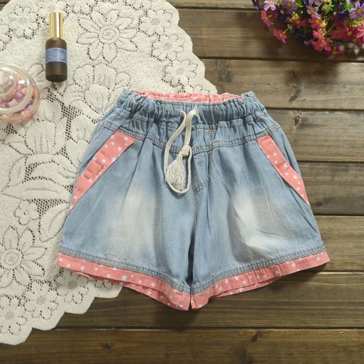 厂家直销<em>牛仔短裤 松紧</em>腰系带星星女士牛仔短