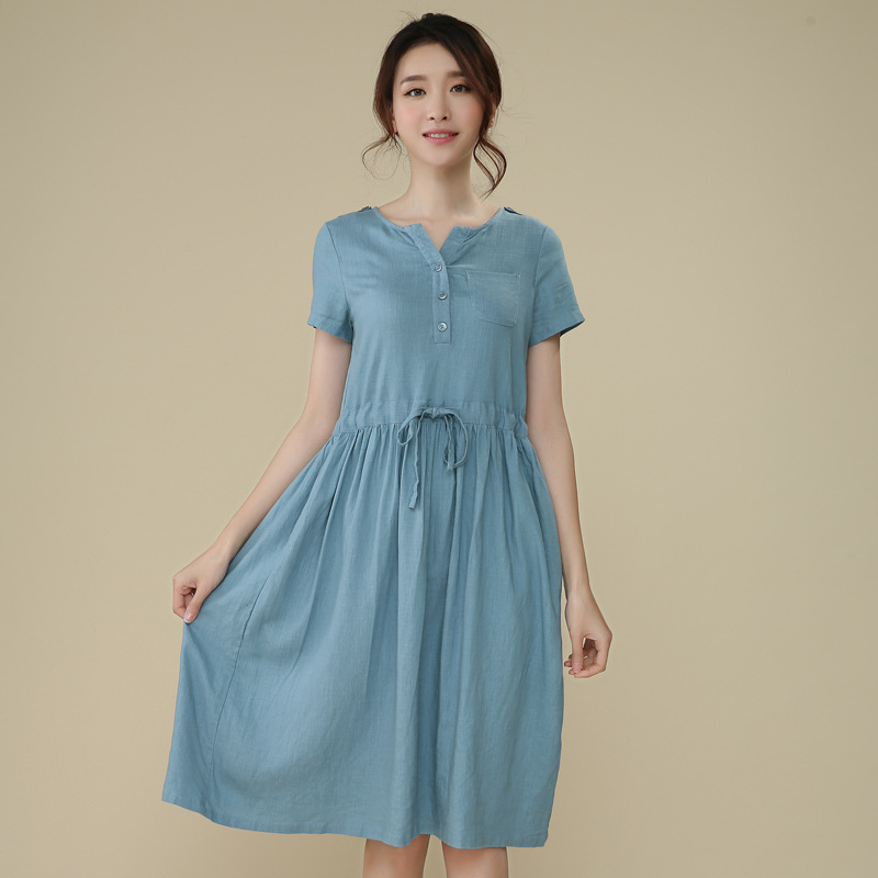 2014夏装新款 韩版休闲棉麻短袖连衣裙大码显