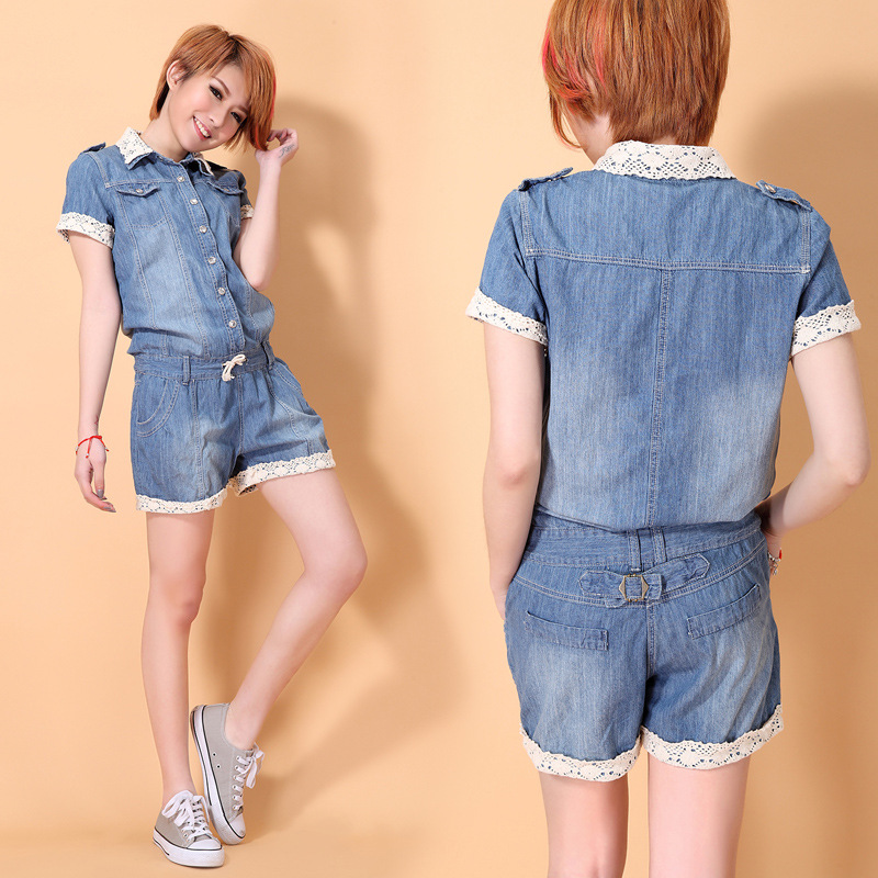 2014新款女装蕾丝连衣<em>牛仔连体裤短裤</em>欧美风