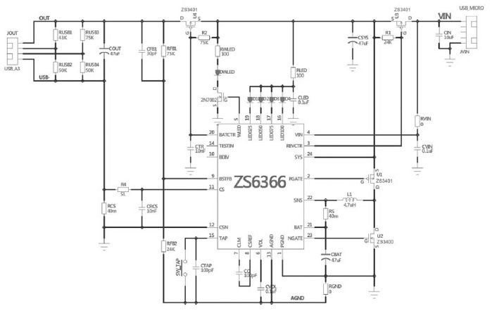 移动电源方案芯片zs6366典型应用电路图