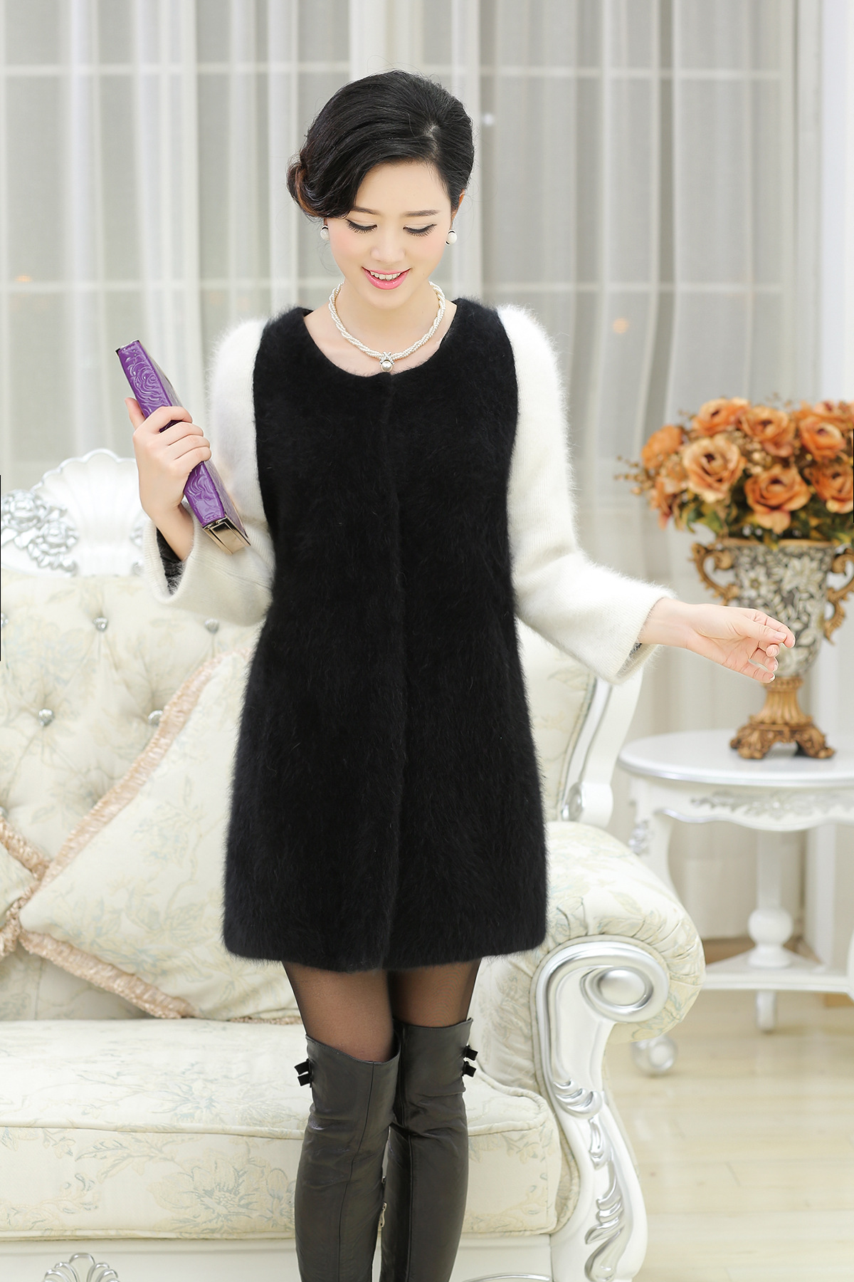 2014秋冬新款女装 <em>拼色</em>圆领水貂绒<em>开衫</em>外套七