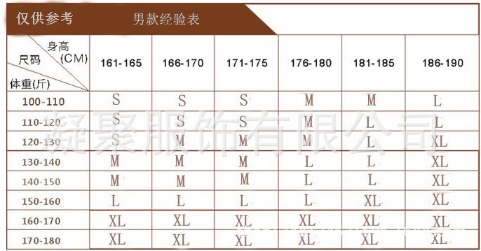 尺码对照表
