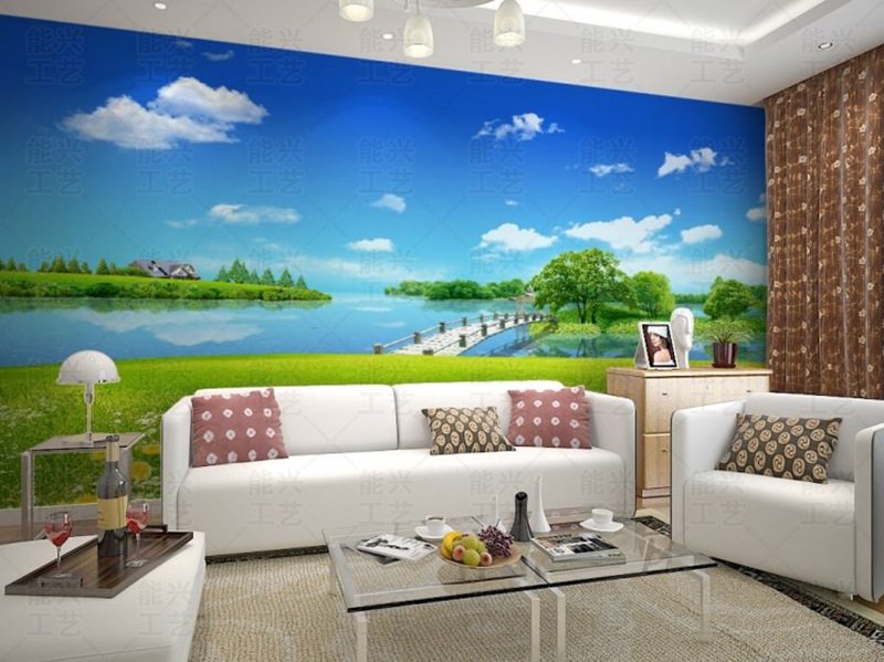 绿色草地风景蓝天大型壁画温馨卧室客厅电视背景墙纸壁纸墙画墙布