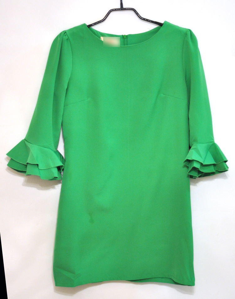 2014年韩版 新款 绿色雪纺 喇叭袖 带腰带 连衣