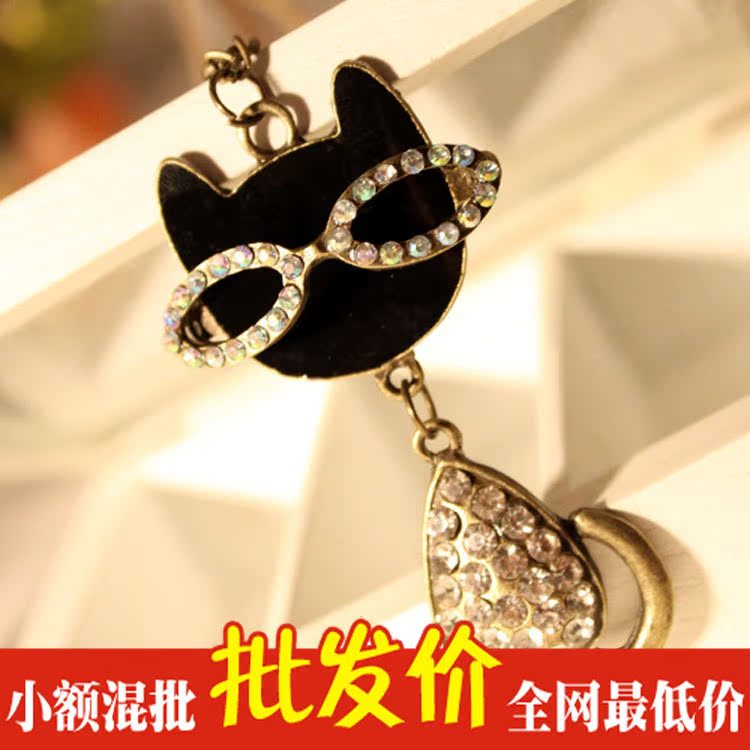 品 复古可爱眼镜 镶钻 猫咪项链 <em>毛衣链 批发</em> 图