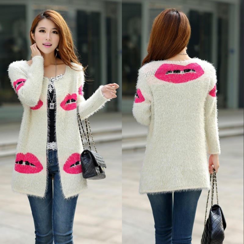 <em>2014</em>春装新款韩版大嘴唇<em>毛衣开衫</em> 中长款马海