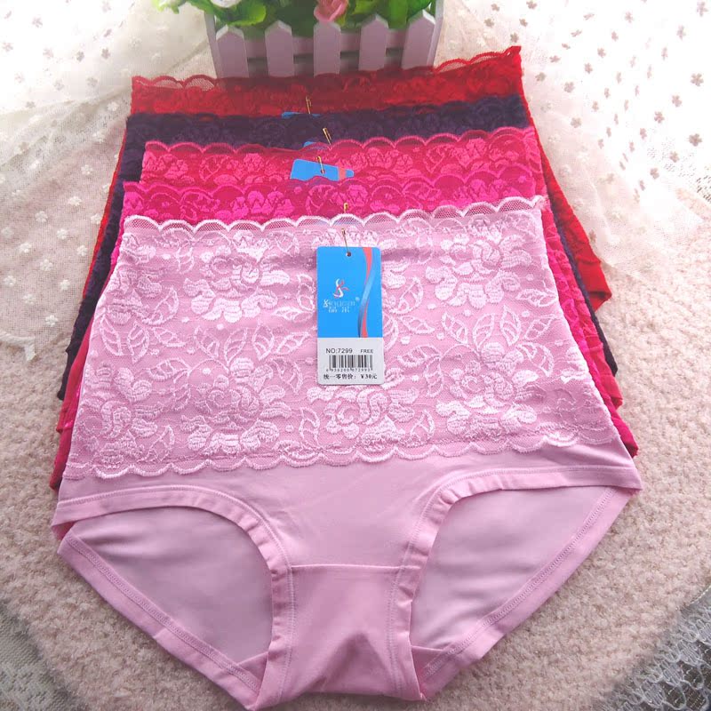 竹纤维女士<em>高腰</em>三角<em>内裤女式</em>纯色蕾丝网纱美体