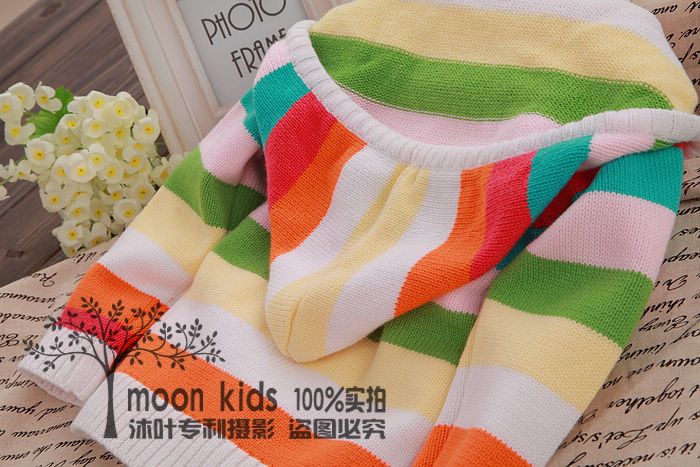 2014春季<em>女童</em>条纹毛衣<em>开衫连帽针织衫</em>宝宝外