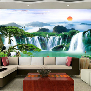 影视客厅书房背景墙3d立体壁纸中式山水风景大型壁画无缝自粘