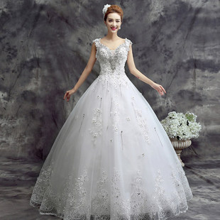 婚纱礼服新款2015春夏 一字肩修身绑带韩式新娘婚纱礼服白