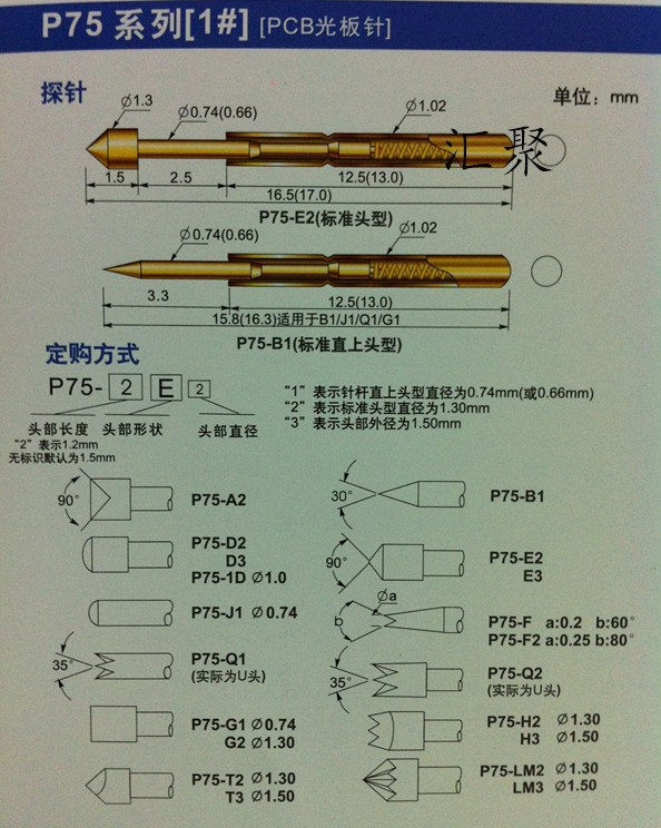 华荣探针p75-e2(圆锥头型)1.0mm顶针 弹簧针