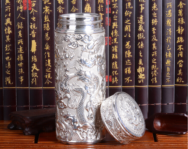 s99纯银保健杯子 银杯 银水杯 里外纯银浮雕龙杯子国检证书木盒装