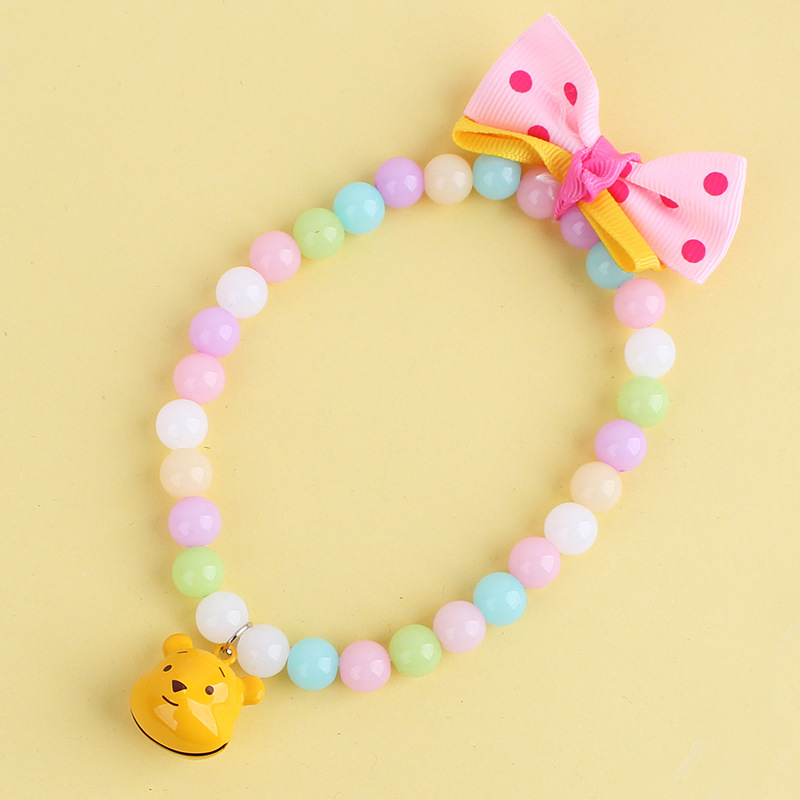 批发皮皮淘多彩蝴蝶结亚克力串珠宠物项链 带黄色小熊 30cm