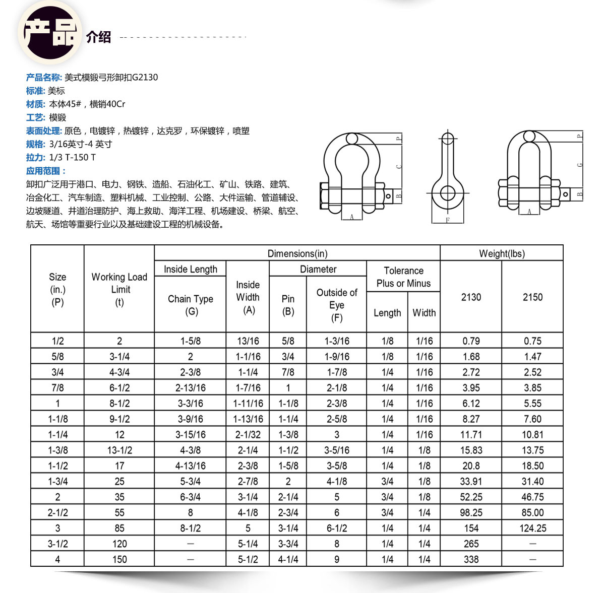 船用合金钢马蹄形带螺母卸扣g2130