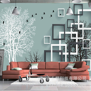 手绘抽象树木壁画 3d立体方块手绘小鸟客厅电视无缝背景墙订制