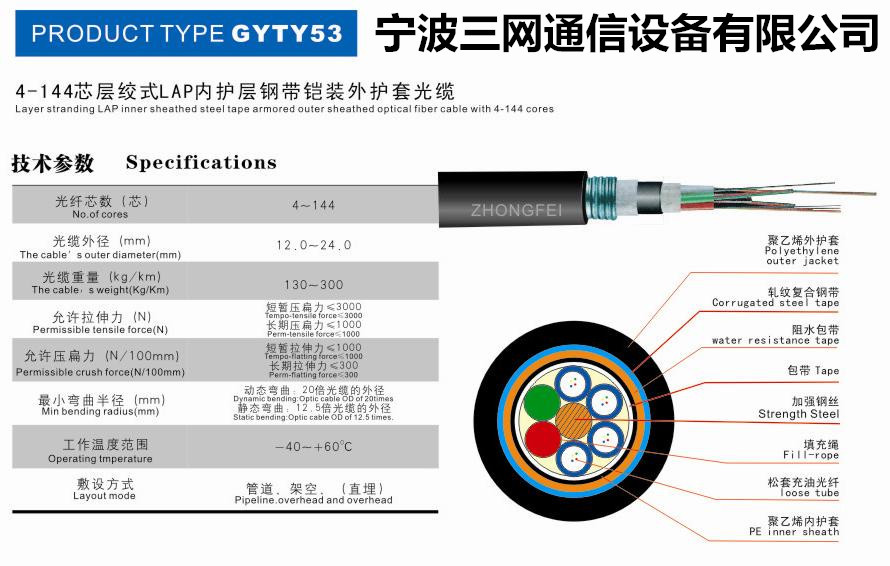 4－144芯GYTY53层绞式LAP内护层钢带铠装外护套光缆
