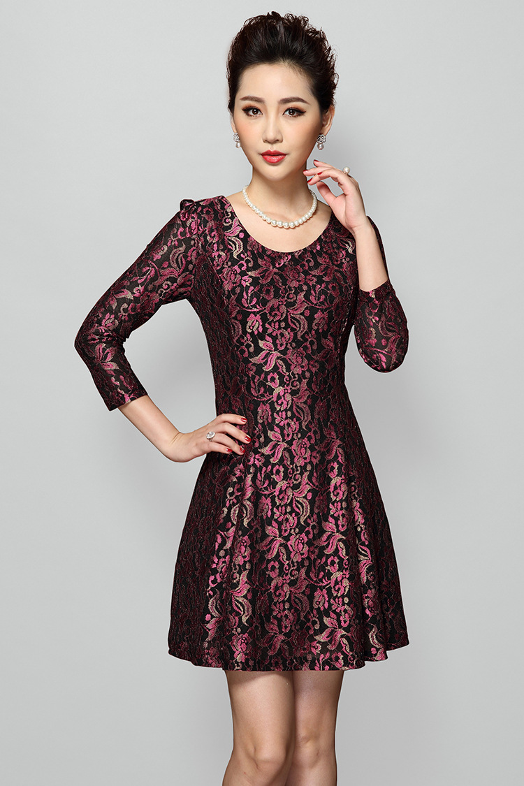 欧美女装品牌春装新款复合蕾丝高端刺绣七分袖连衣裙