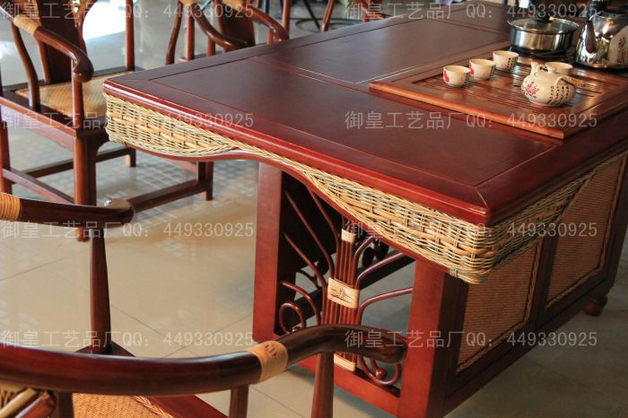 御皇 休闲功夫茶台 藤编茶台 中式风格藤木结合茶桌 625有电磁炉