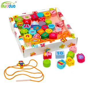 批发儿童木质玩具花园串珠 字母数字彩色串珠积木玩具 穿线玩具