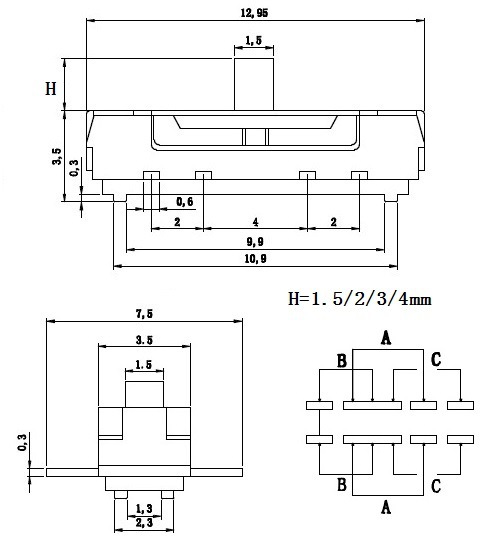 5x13三档拨动开关 8脚直插拨动开关mss-23d19