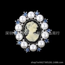 歐美復古美人頭胸針女別針圓形鑲鑽珍珠胸花配飾