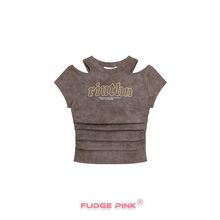 Fudge Pink 2025夏季女裝新款實拍美式辣妹設計感漏肩短款上衣