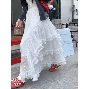 甜美風白色蕾絲半身裙芭蕾風蛋糕裙女春季高腰A字裙蓬蓬裙長裙子