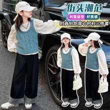 2025女童新款兒童秋裝針織中大童裝洋氣女孩毛衣馬甲休閑褲三件套