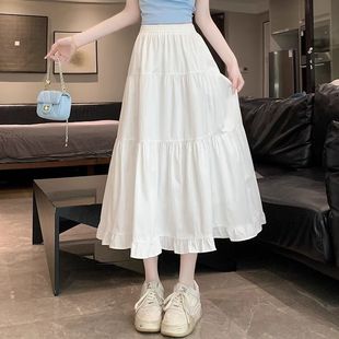 白色半身裙女2025新款夏季褶皺長裙高腰a字裙中長款仙女蛋糕裙子