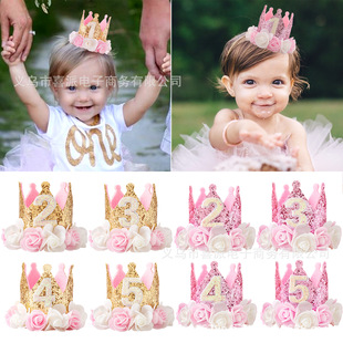 跨境兒童寶寶1歲主題生日帽金色皇冠頭飾 1-5歲女孩生日派對裝飾