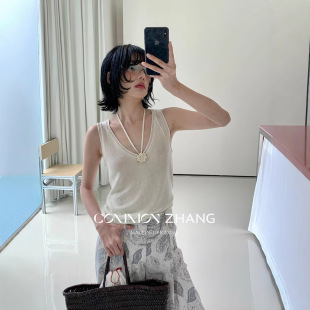 CZ ZHANG夏季韓版休閑慵懶純色玫瑰花掛脖百搭背心針織衫女B25985