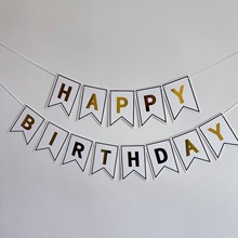 新燙金happyb0irthday生日快樂派對拉旗橫幅大號黑金派對裝飾魚尾