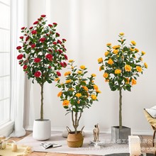 跨境高級綠植仿真山茶花樹室內擺件裝飾客廳人造花玫瑰盆栽植物