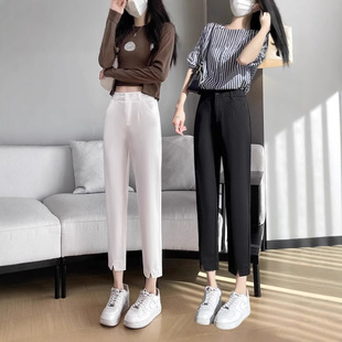 微彈哈倫西褲女春夏季小個子顯瘦九分褲開衩黑色小腳西裝褲女褲子