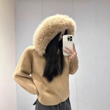 跨境熱賣連帽毛領拼接針織衫外套女秋冬款簡約休閑基礎款開衫