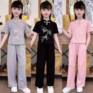 女童新中式套裝2025夏季新款中大童潮款國潮風盤扣短袖休閑兩件套